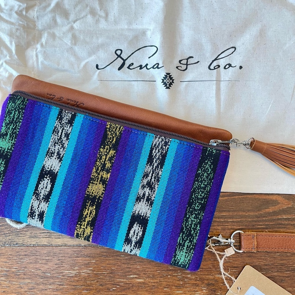Nena & Co. | Textile Fold Over Clutch | Leather & Fabric | Blues and Purple